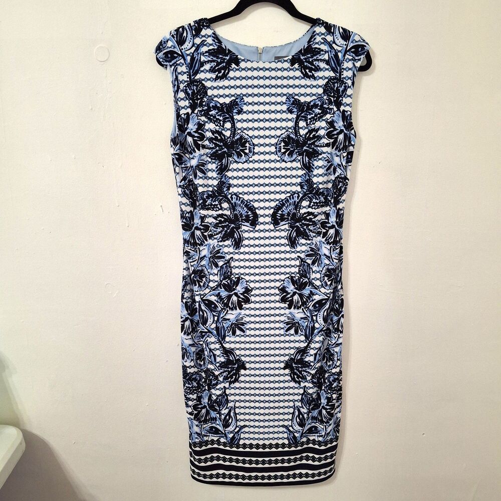 Vince Camuto Blue/White Floral Geometric Jaquard Midi Dress w/Back Zip & Slit 8